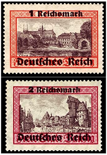 1939 D VERY RARE FLAWLESS NAZI-OCCUPIED DANZIG STAMPS w REICHSMARK OVERPRINTS & CITY LANDMARKS (NOW GDANSK POLAND!) 1, 2 Reichsmark Seller Perfect Uncirculated Mint Never Hinged