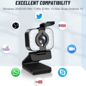 Webcam FHD 1080P Streaming Webcam with Ring Light, Microphone, Privacy Cover and Auto-Focus, Plug and Play, USB Web Camera for Zoom Skype YouTube, PC Laptop Computer