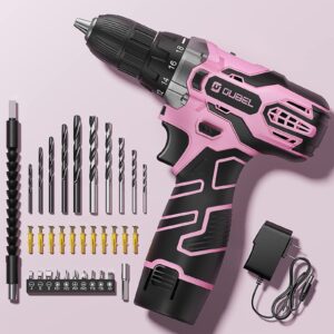 drill set, oubel 12v cordless drill pink with 42 acessories, pink power drill cordless with 3/8" keyless chuck, built-in led, 2 variable speed, pink drill for diy home projects, around the house