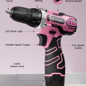 Drill Set, OUBEL 12V Cordless Drill Pink with 42 Acessories, Pink Power Drill Cordless with 3/8" Keyless Chuck, Built-in LED, 2 Variable Speed, Pink Drill for DIY Home Projects, Around the House