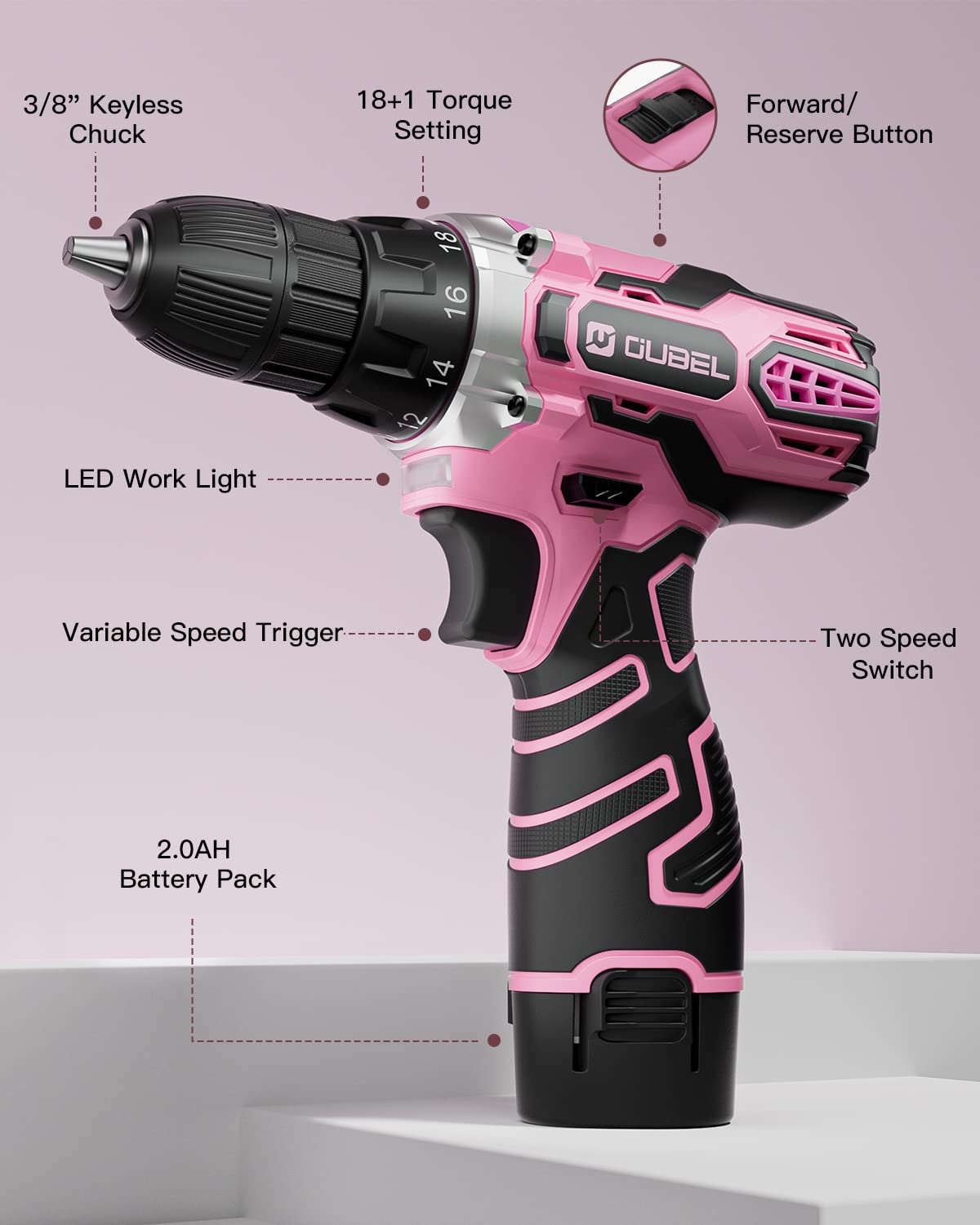 Drill Set, OUBEL 12V Cordless Drill Pink with 42 Acessories, Pink Power Drill Cordless with 3/8" Keyless Chuck, Built-in LED, 2 Variable Speed, Pink Drill for DIY Home Projects, Around the House