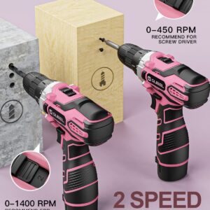 Drill Set, OUBEL 12V Cordless Drill Pink with 42 Acessories, Pink Power Drill Cordless with 3/8" Keyless Chuck, Built-in LED, 2 Variable Speed, Pink Drill for DIY Home Projects, Around the House