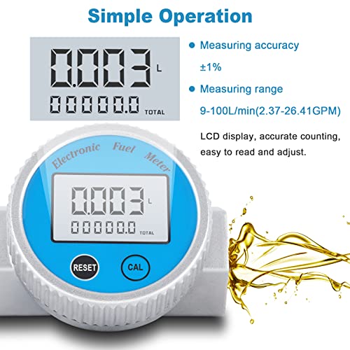 Epidioxi Turbine Flow Meter Waterproof Digital Fuel Flowmeter 2.37-26.41GPM for Water Diesel Fuel Methanol Kerosene Oil (1"NPT)