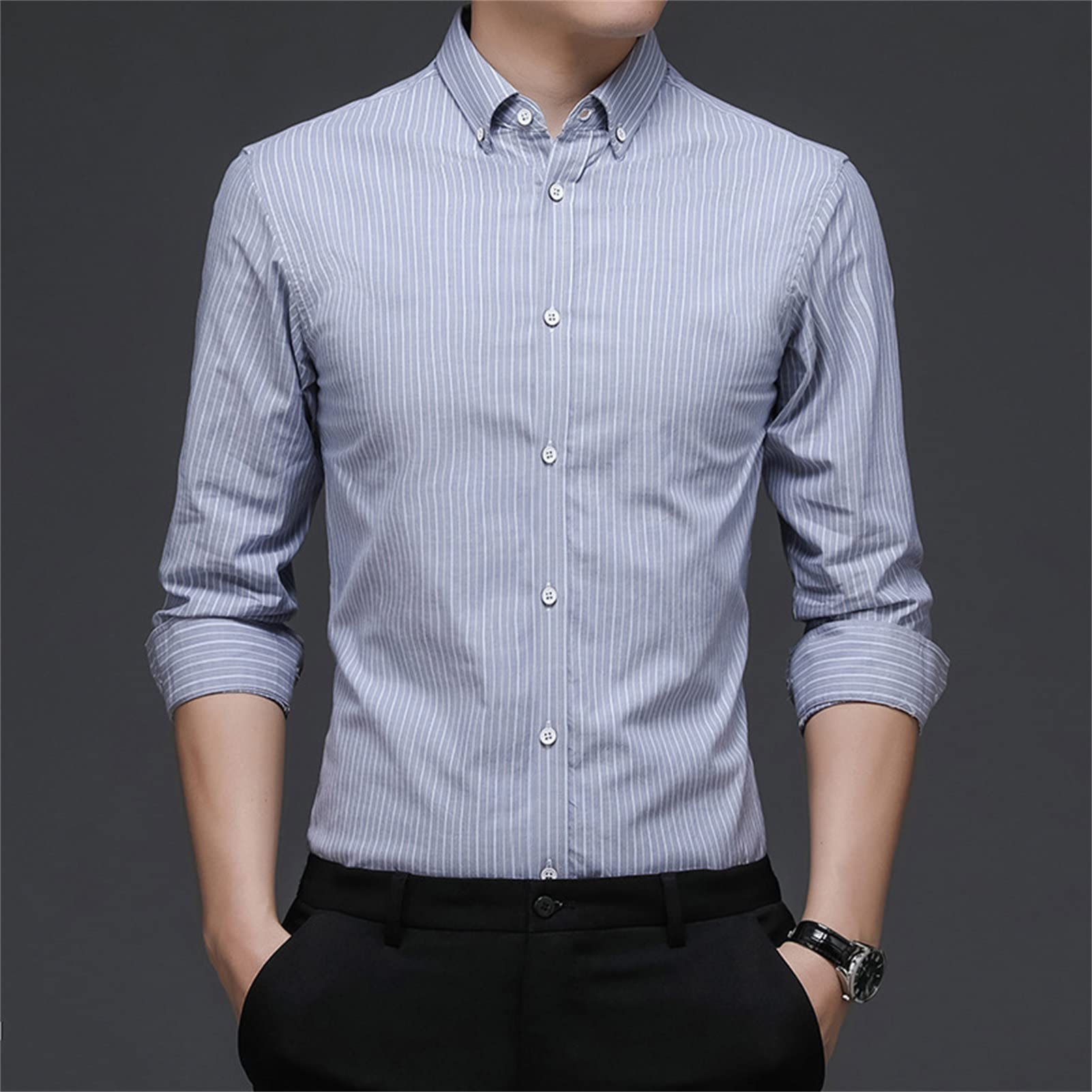 Maiyifu-GJ Men's Casual Striped Dress Shirt Turn-Down Collar Button Down Business Shirts Solid Slim Fit Long Sleeve Shirts (Grey,170)
