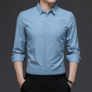 Men Casual Striped Dress Shirt Plaid Lightweight Button Down Business Shirts Patchwork Slim Long Sleeve Shirt (Blue 2,185)