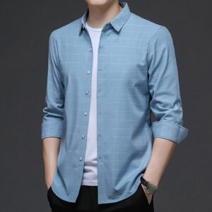 Men Casual Striped Dress Shirt Plaid Lightweight Button Down Business Shirts Patchwork Slim Long Sleeve Shirt (Blue 2,185)