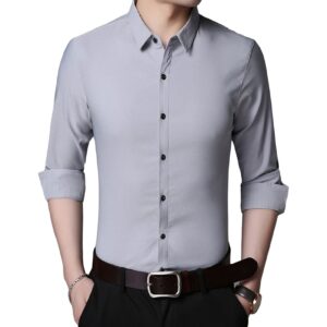 men lightweight casual classic dress shirt regular fit button down shirts solid turn-down collar long sleeve shirt (grey,185)