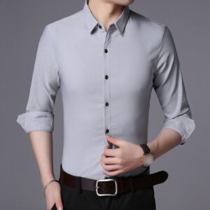 Men Lightweight Casual Classic Dress Shirt Regular Fit Button Down Shirts Solid Turn-Down Collar Long Sleeve Shirt (Grey,185)