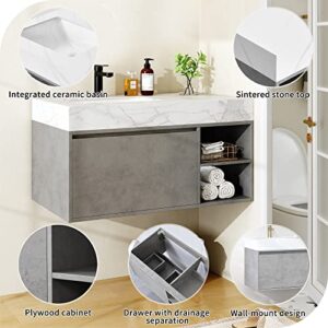 HERNEST 36 Inch Floating Bathroom Vanity Wall Mounted Bathroom Cabinet with Slate Tabletop, Ceramic Basin Sink and Storage Drawer Grey Small Floating Vanity Bathroom for Washroom