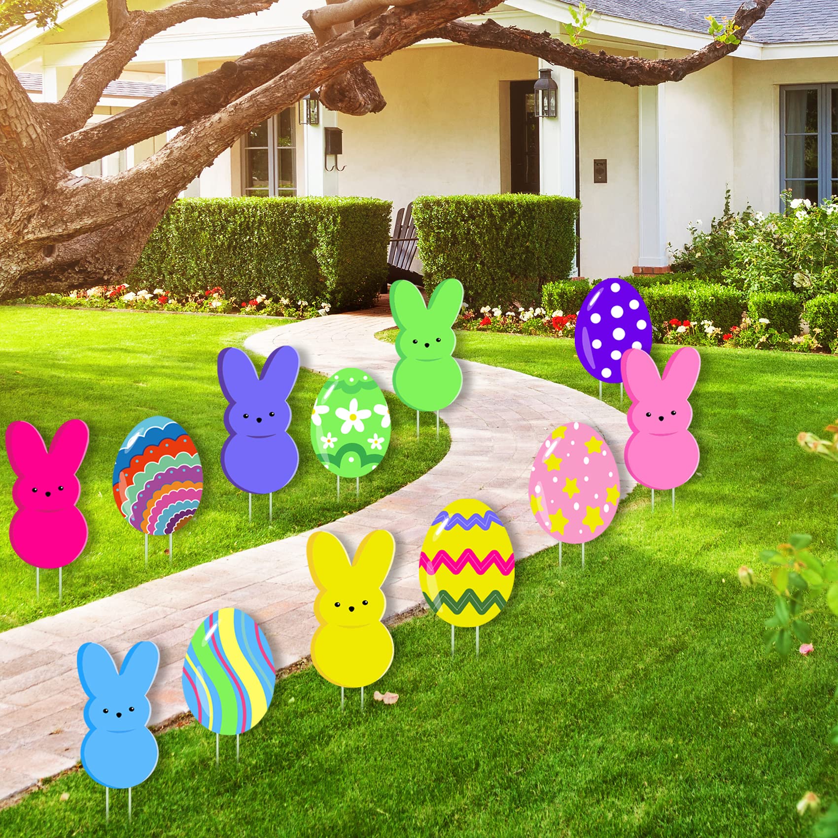 12PCS Easter Yard Decorations Easter Yard Signs Outdoor Decorations Bunny Easter Eggs Yard Stakes for Easter Party Decorations Supplies Prop Spring Decor