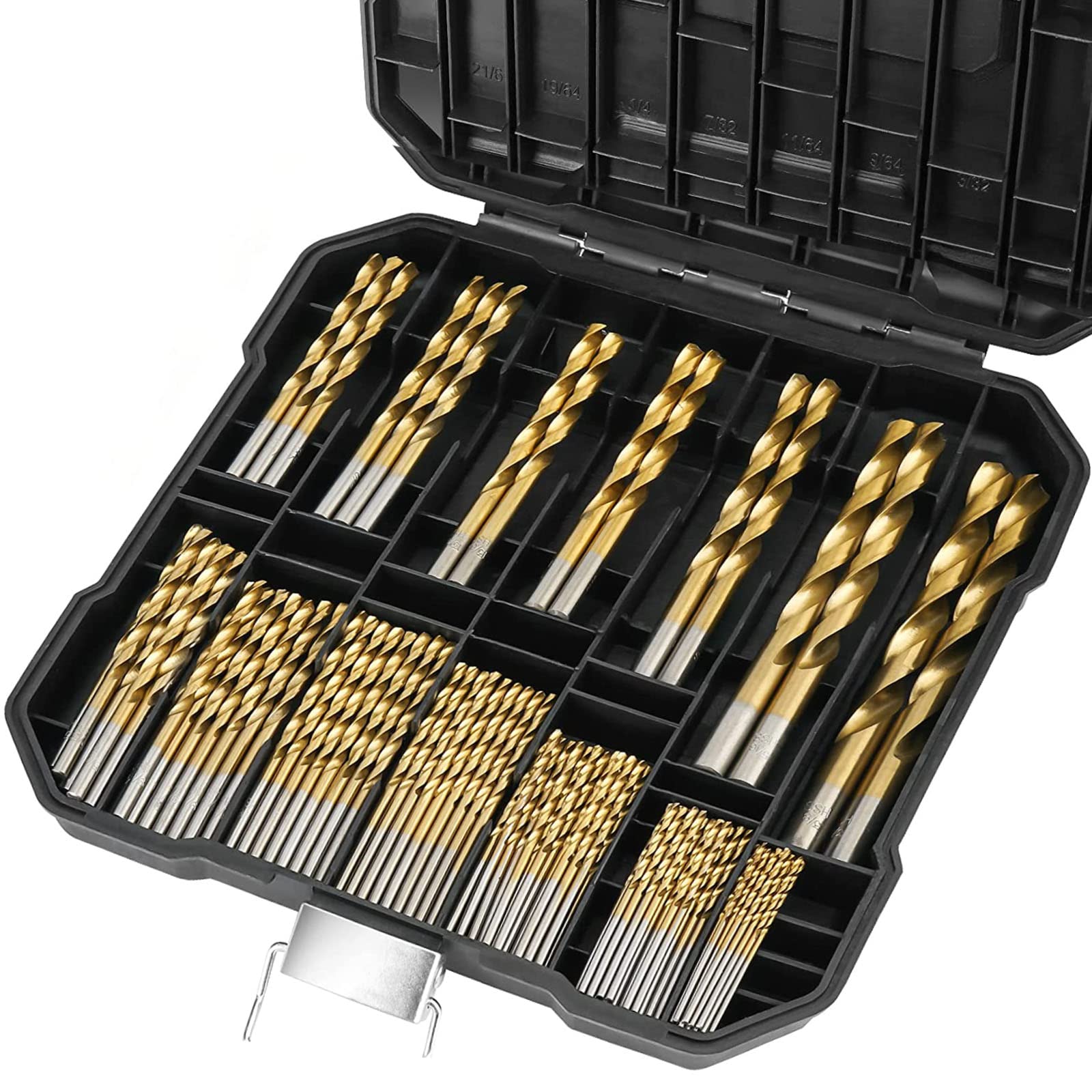 99 Pcs Titanium Coated Drill Bit Set 135 Degree High Speed Drill Bits Set HSS Titanium Coated Twist Drill Bit, Size from 1/16" to 3/8"