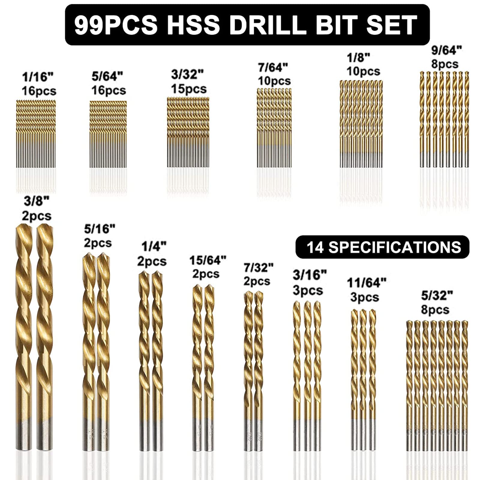 99 Pcs Titanium Coated Drill Bit Set 135 Degree High Speed Drill Bits Set HSS Titanium Coated Twist Drill Bit, Size from 1/16" to 3/8"