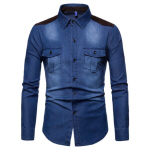 maiyifu-gj men's patchwork casual denim shirt regular fit button down jean shirts slim fit long sleeve western shirts (blue,medium)