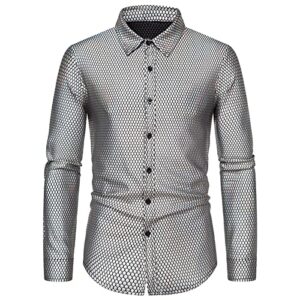 maiyifu-gj men's disco shiny dress shirt long sleeve button down nightclub party shirts luxury printed slim fit prom shirt (silver,xx-large)