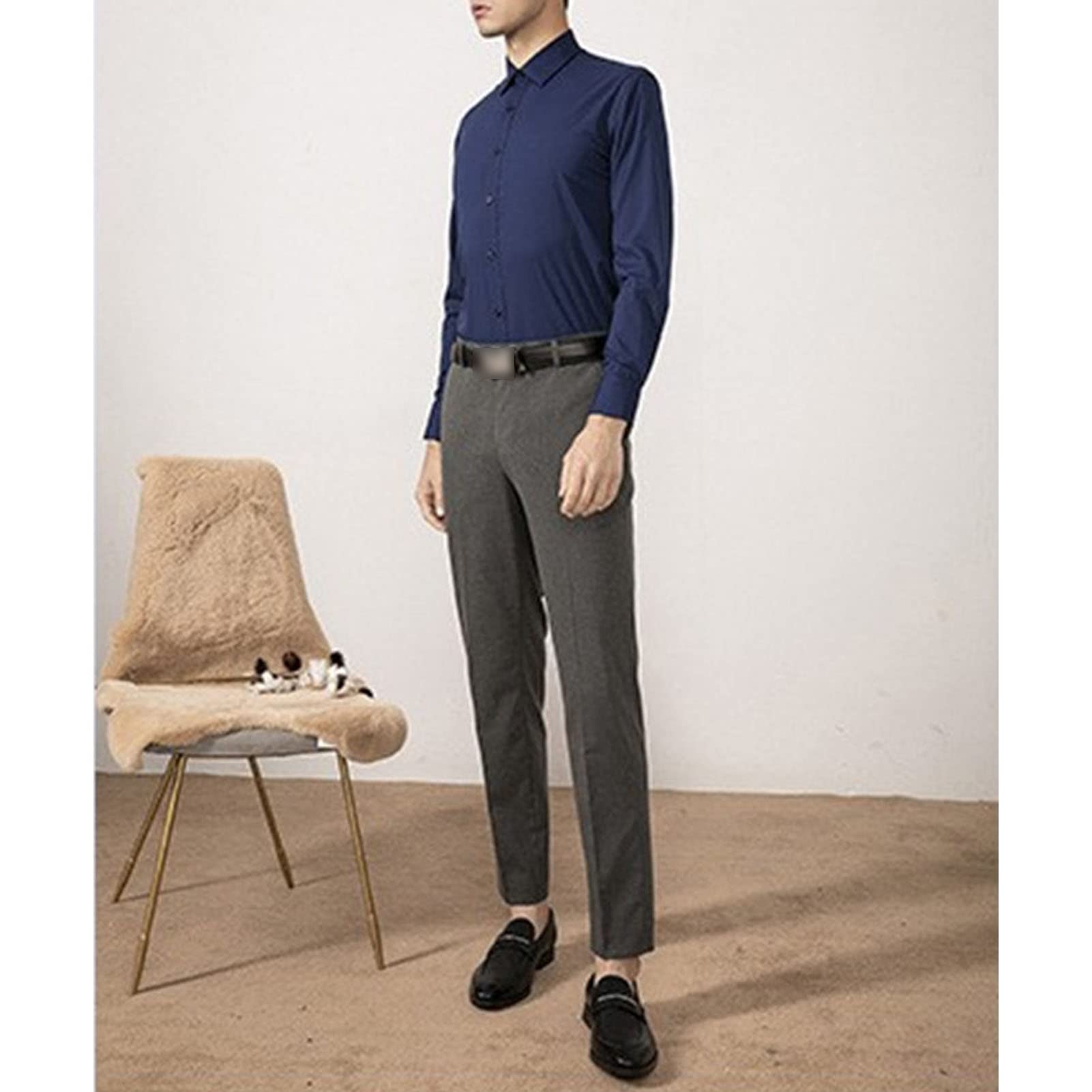 Maiyifu-GJ Men Casual Wrinkle Free Dress Shirt Regular Fit Button Down Shirts Solid Slim Fit Long Sleeve Business Shirts (Dark Blue,Large)