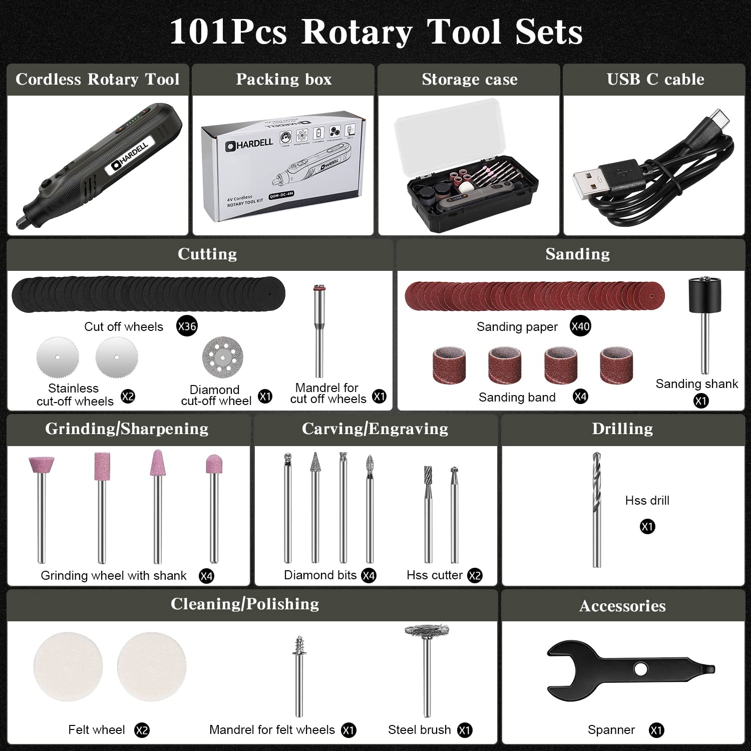 HARDELL Cordless Rotary Tool, 2.0Ah 4V Rotary Tool Kit 25000RPM & HARDELL 282Pcs Rotary Tool Accessories Kit