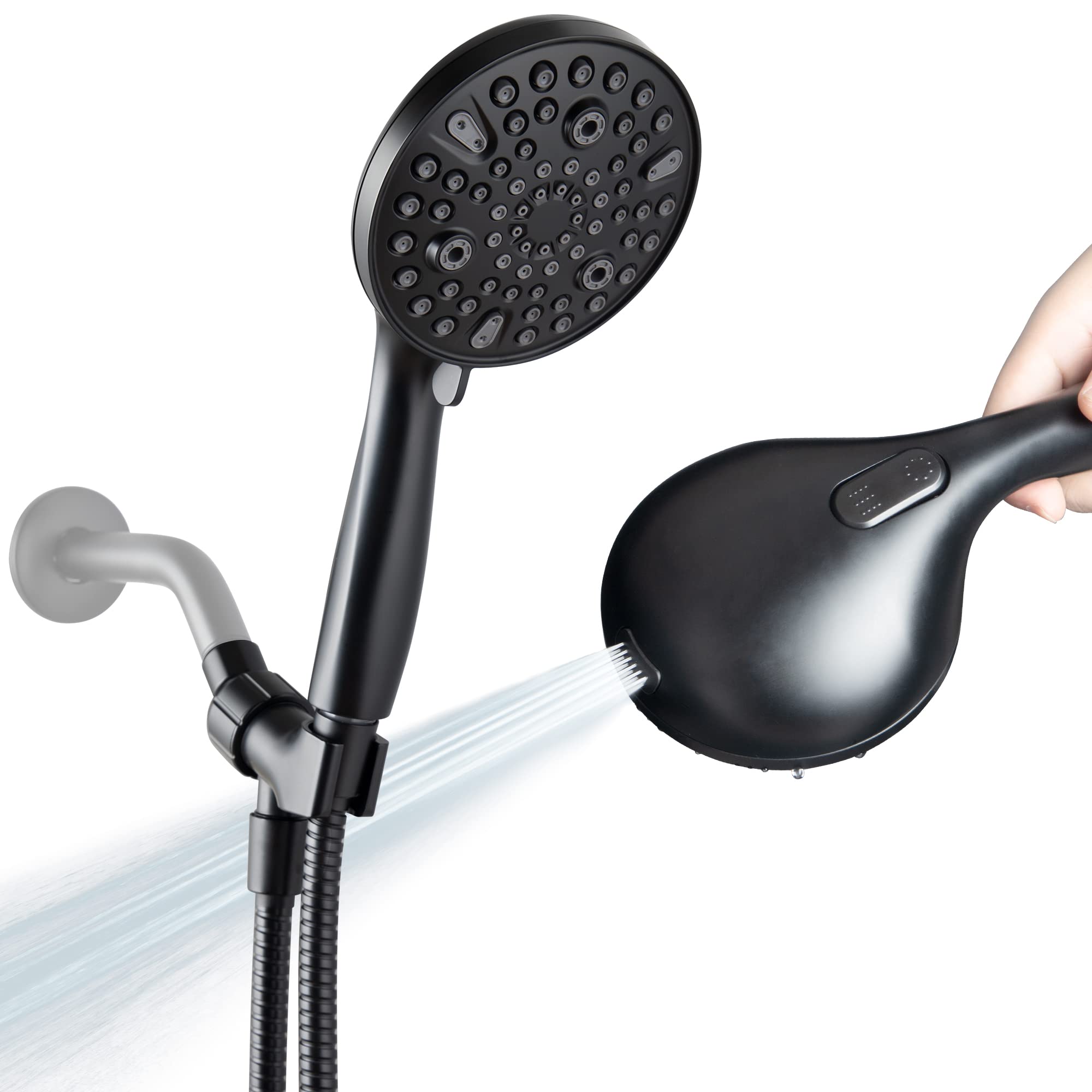 High Pressure Handheld Shower Head, 10-Setting Showerhead, 4.7”Detachable Showerhead Set with 5ft Hose, Adjustable Bracket and Built-in Power Wash to Clean Tub, Tile & Pets - Black