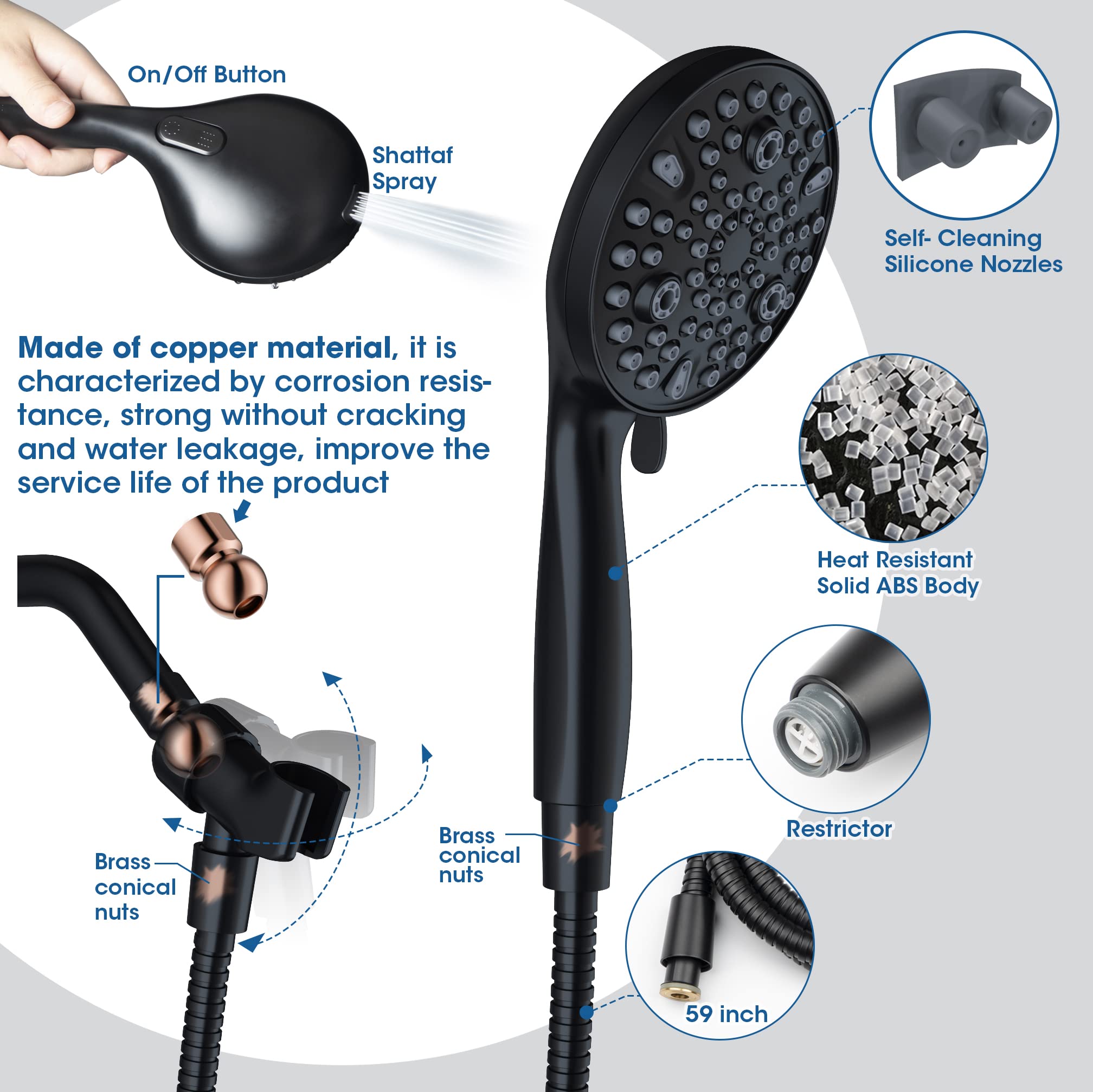 High Pressure Handheld Shower Head, 10-Setting Showerhead, 4.7”Detachable Showerhead Set with 5ft Hose, Adjustable Bracket and Built-in Power Wash to Clean Tub, Tile & Pets - Black