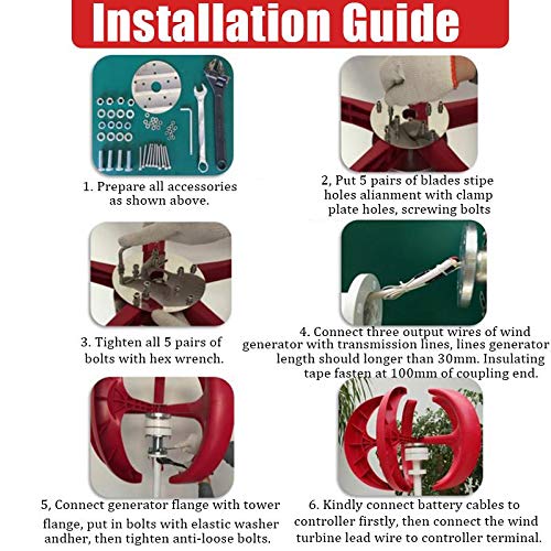 AISINILALAO 6000W Vertical Wind Turbines Generator Lantern 5 Blades Kit,Permanent Magnet Generator Wind Turbine 220V 48V 24V 12V for Home Camping (Red),220v