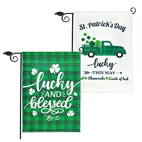 St Patricks Day Garden Flag St.patrick's Day Decorations Lucky and Blessed Shamrock Outdoor Double Sided Garden Flag Clover Home Lawn Decor Decoration 12 x 18 Inch 2Pcs