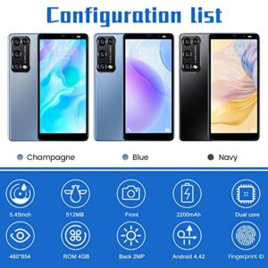 Smartphone, Rino9 Pro Android 4.4.2, 512MB 4GB Dual SIM Phone Finger Face ID 2200mAh 5.45 Inch Celular, 0.3MP Front HD Camera, 2MP Rear Camera, Gift for Friends Family (Gray)