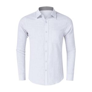 men lightweight casual plaid dress shirt stylish solid button down shirts patchwork slim fit long sleeve shirts (white,small)