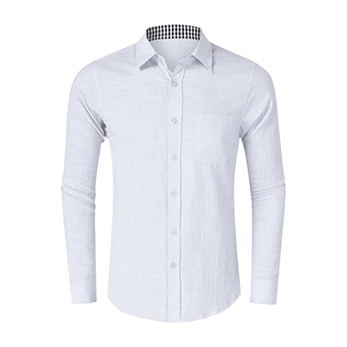 Men Lightweight Casual Plaid Dress Shirt Stylish Solid Button Down Shirts Patchwork Slim Fit Long Sleeve Shirts (White,Small)