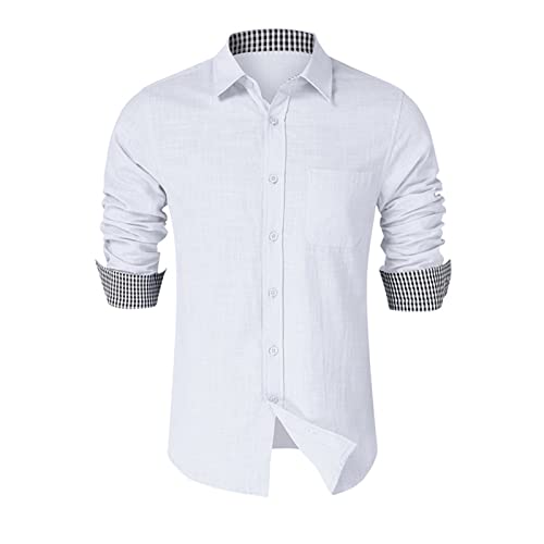 Men Lightweight Casual Plaid Dress Shirt Stylish Solid Button Down Shirts Patchwork Slim Fit Long Sleeve Shirts (White,Small)