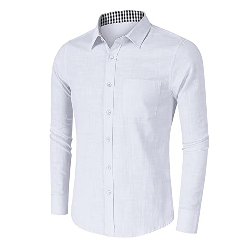 Men Lightweight Casual Plaid Dress Shirt Stylish Solid Button Down Shirts Patchwork Slim Fit Long Sleeve Shirts (White,Small)