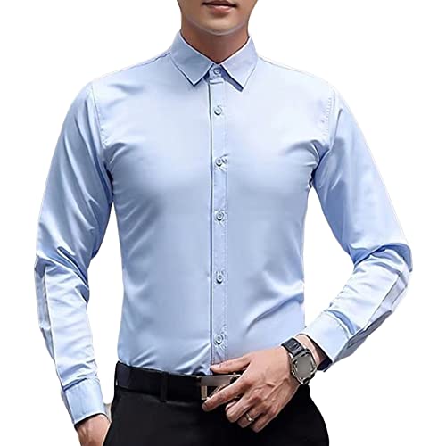 Men's Lightweight Casual Classic Dress Shirt Regular Fit Button Down Shirts Solid Wrinkle Free Long Sleeve Shirts (Light Blue,Large)