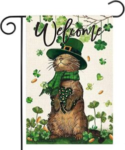 st patricks day garden flag, welcome st. patrick's day flags 12x18 double sided, lucky shamrock cat small burlap yard flags for farmhouse front porch lawn outdoor saint patricks holiday decor