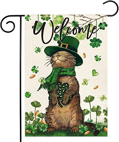 St Patricks Day Garden Flag, Welcome St. Patrick's Day Flags 12x18 Double Sided, Lucky Shamrock Cat Small Burlap Yard Flags for Farmhouse Front Porch Lawn Outdoor Saint Patricks Holiday Decor