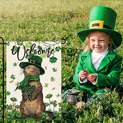 St Patricks Day Garden Flag, Welcome St. Patrick's Day Flags 12x18 Double Sided, Lucky Shamrock Cat Small Burlap Yard Flags for Farmhouse Front Porch Lawn Outdoor Saint Patricks Holiday Decor