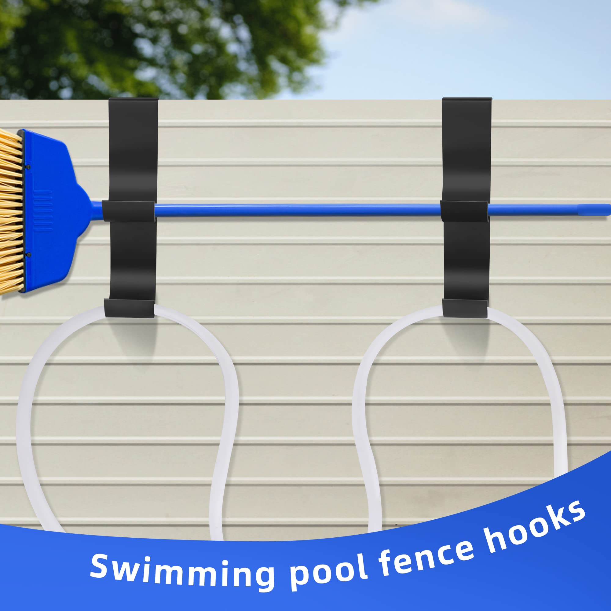 codree 2 Pcs Pool Fence Hooks for Pool Equipment- Black Heavy Duty Fence Hooks for Pool Poles- Slipe-on Fence Hanger for Pool Hose Pool Skimmer, Fit 3/4 Inch to 1-1/4 inch Railing