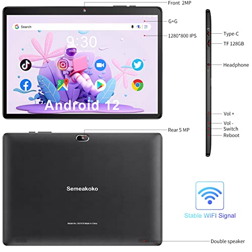 Semeakoko Android Tablet 10 inch, Android 12 Tablet for Kids, 10.1''IPS HD Screen Tablet PC with WiFi, Dual Camera, GPS, Bluetooth, 6000mAh Battery, Support YouTube Netflix Google Play Store