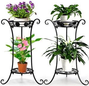 yesland 2 pack metal plant stand indoor outdoor, 2 tier black iron flower plant stand 26 inches detachable tall modern plant shelf holder for corner, patio, living room, garden