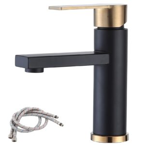 comllen black single hole bathroom faucet, modern single handle bathroom sink faucet brushed gold and matte black one hole lavatory vanity faucets with water supply lines