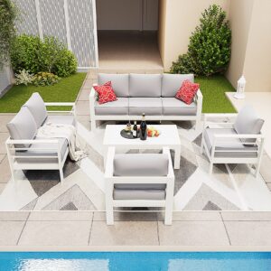 amopatio aluminum patio furniture set, 8 pieces modern patio conversation sets, outdoor sectional metal sofa with cushion and coffee table for balcony, garden, white (included waterproof covers)