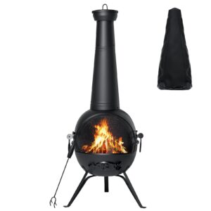 singlyfire chiminea fireplace outdoor prairie fire deck or patio backyard wooden fire pit with chiminea cover rust-free iron black