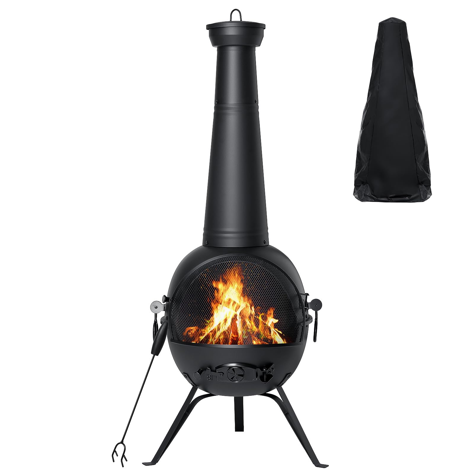 SINGLYFIRE Chiminea Fireplace Outdoor Prairie Fire Deck or Patio Backyard Wooden Fire Pit with Chiminea Cover Rust-Free Iron Black