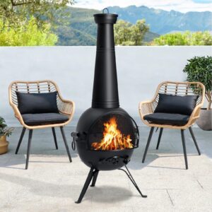 SINGLYFIRE Chiminea Fireplace Outdoor Prairie Fire Deck or Patio Backyard Wooden Fire Pit with Chiminea Cover Rust-Free Iron Black