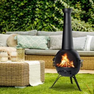 SINGLYFIRE Chiminea Fireplace Outdoor Prairie Fire Deck or Patio Backyard Wooden Fire Pit with Chiminea Cover Rust-Free Iron Black