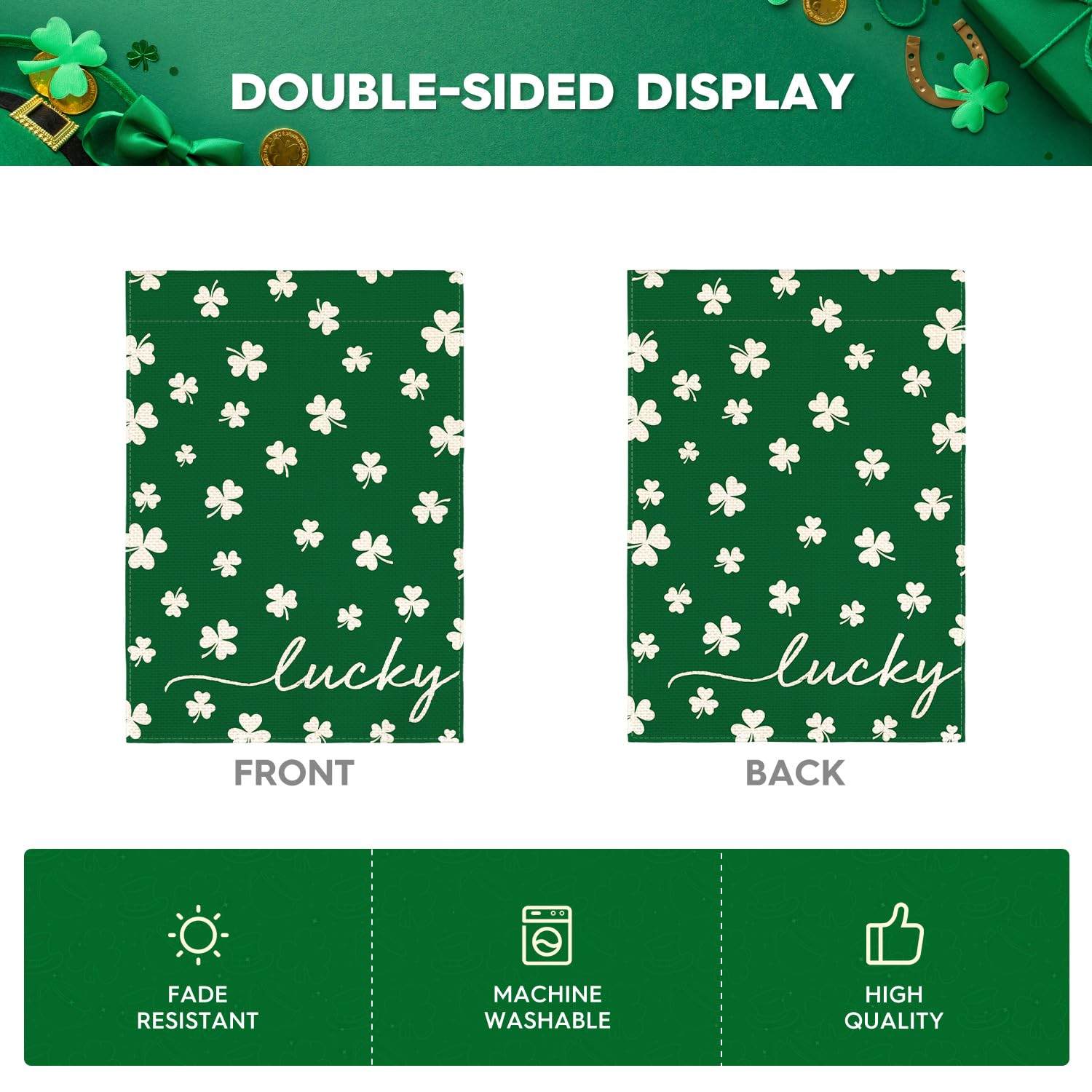 AVOIN colorlife St Patricks Day Lucky Garden Flag 12x18 Inch Double Sided Outside, Floral Small Burlap Shamrocks Clovers Yard Outdoor Decoration