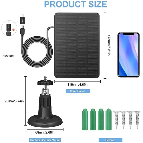 Solar Panel Charger for Outdoor Wireless Security Camera with 360°Adjustable Mount, 5V 4W Waterproof Continuous Solar Power for Camera with 10ft Micro USB & Type-C Port Charging Cable Black