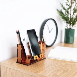 Personalized Wooden Pen Holder for Desk with Cell Phone Holder Wood Desk Organizer Pencil Holder Coworker Gifts Boss Leader Colleague Friends Office Organization Employee Appreciation Gifts