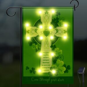 lighted st. patrick's day garden flag, 12 x 18 inch yard flag with solar lights double side st. patrick's day decorations irish shamrock cross holiday farmhouse flag for home outside outdoor decor