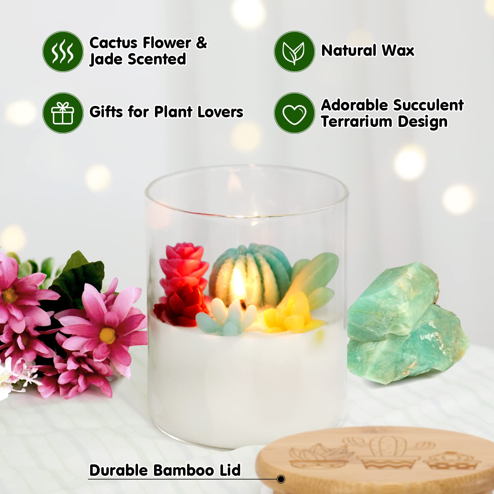 Tuitessine Succulent Cactus Terrarium Candles with Bamboo Lid Natural Wax Cute Succulent Scented Catcus Candle for Plant Lovers Teacher Appreciation Mother's Day Gift Spa Home Decoration