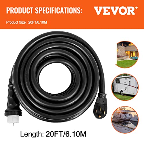 VEVOR 20 FT 50 Amp Generator Extension Cord STW 6/3 + 8/1 Generator Cord 125V 250V UL Listed Generator Power Cord N14-50P & SS2-50R & CS6364 Twist Lock Connectors