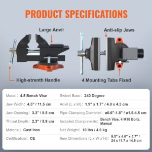 VEVOR Bench Vise, 4.5-inch Jaw Width 3.3-inch Jaw Opening, 240-Degree Swivel Locking Base Multipurpose Vise w/Anvil, Heavy Duty Cast Iron Workbench Vise w/Bolts & Nuts, for Drilling, Pipe Cutting