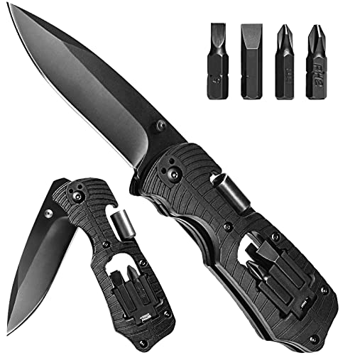 Pocket Knife, Christmas Stocking Stuffers 7 In 1 Multitool Stainless Steel Folding Knife with Screwdrivers Safety Lock Camping Accessories Survival Gear Gifts for Him Men Dad Husband Boyfriend (Black)